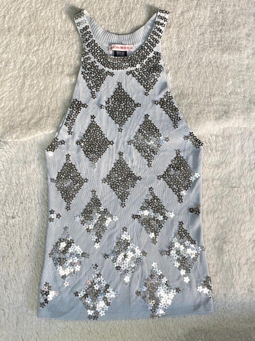 Love Match Y2K Silver Sequin Ribbed Halter Tank Top Medium